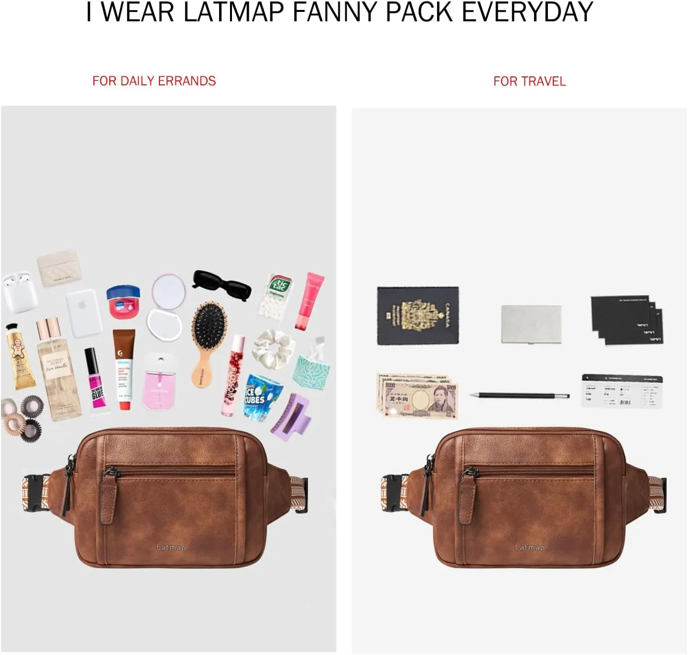 3L TRIPLE ZIP Fanny Packs Belt Bag For Women Men Crossbody Waist Pack Sling Chest Bum Travel Bag Purse Faux Leather Fashion Cute Brown