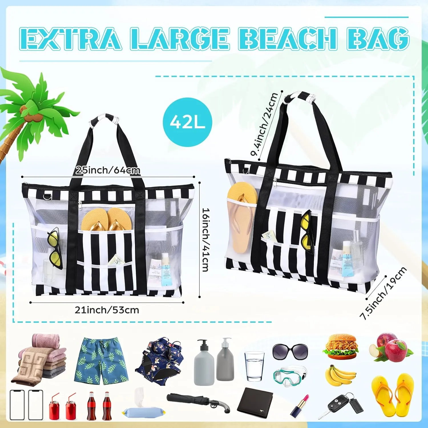 42L Extra Large Mesh Beach Bag 10 Pockets Pool Tote with Zipper XL Beach Bag with Handles and Shoulder Straps