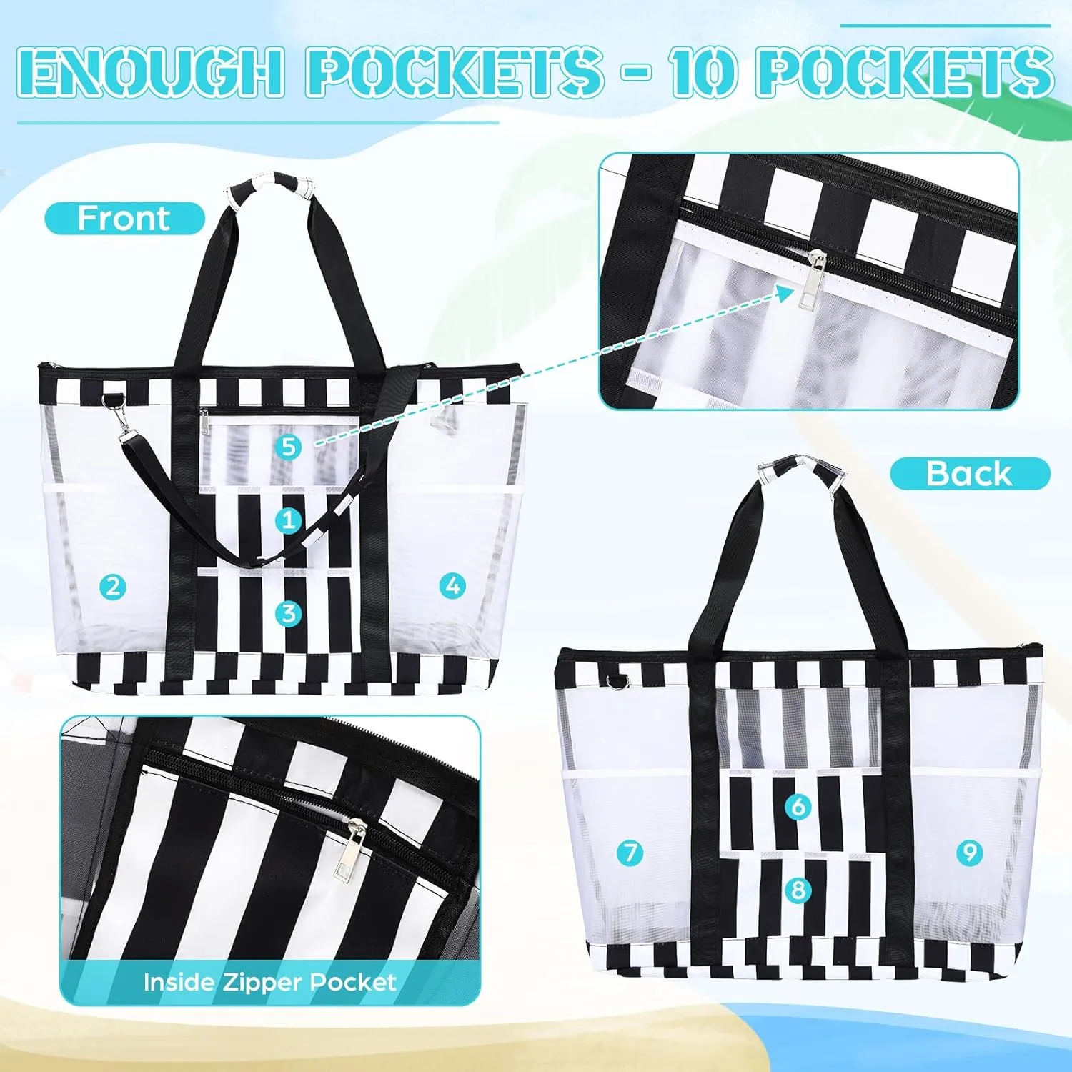 42L Extra Large Mesh Beach Bag 10 Pockets Pool Tote with Zipper XL Beach Bag with Handles and Shoulder Straps