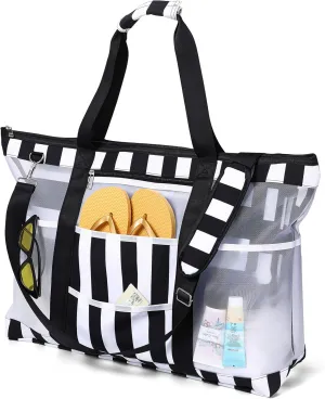 42L Extra Large Mesh Beach Bag 10 Pockets Pool Tote with Zipper XL Beach Bag with Handles and Shoulder Straps