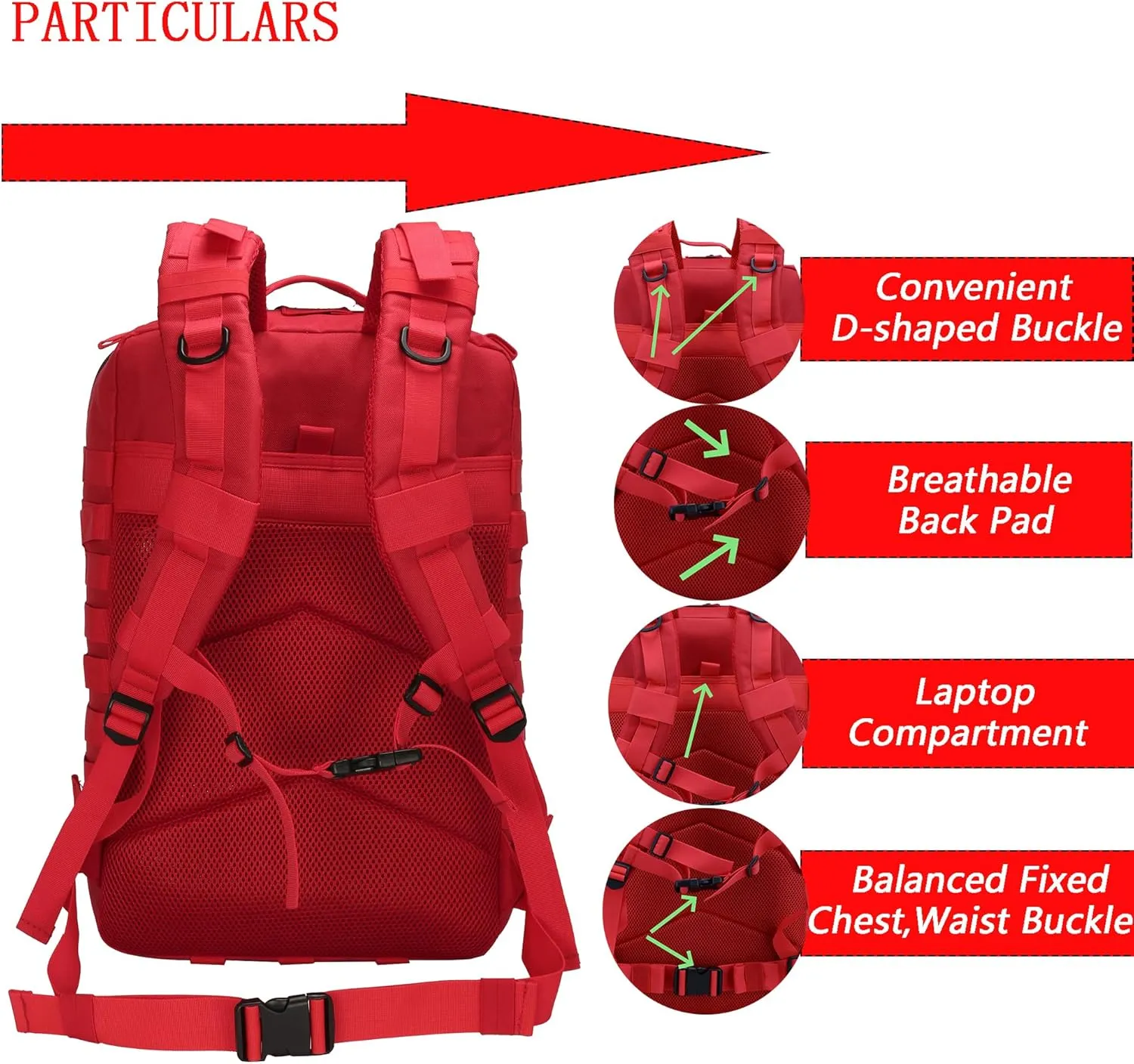 45L Tactical Backpack for Men & Women,Military Molle Rucksack with 900D Fabric,3-Day Bug Out Bag,Hiking Trekking Gym Emergency Survival Backpack(45L red)