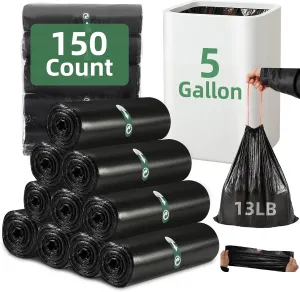 5 Gallon Small Trash Bags 150 Counts Extra Strong Drawstring Bathroom Trash Bags Small Garbage Bags Black Trash Bag for Bathroom Bedroom Office Kitchen Trash Can