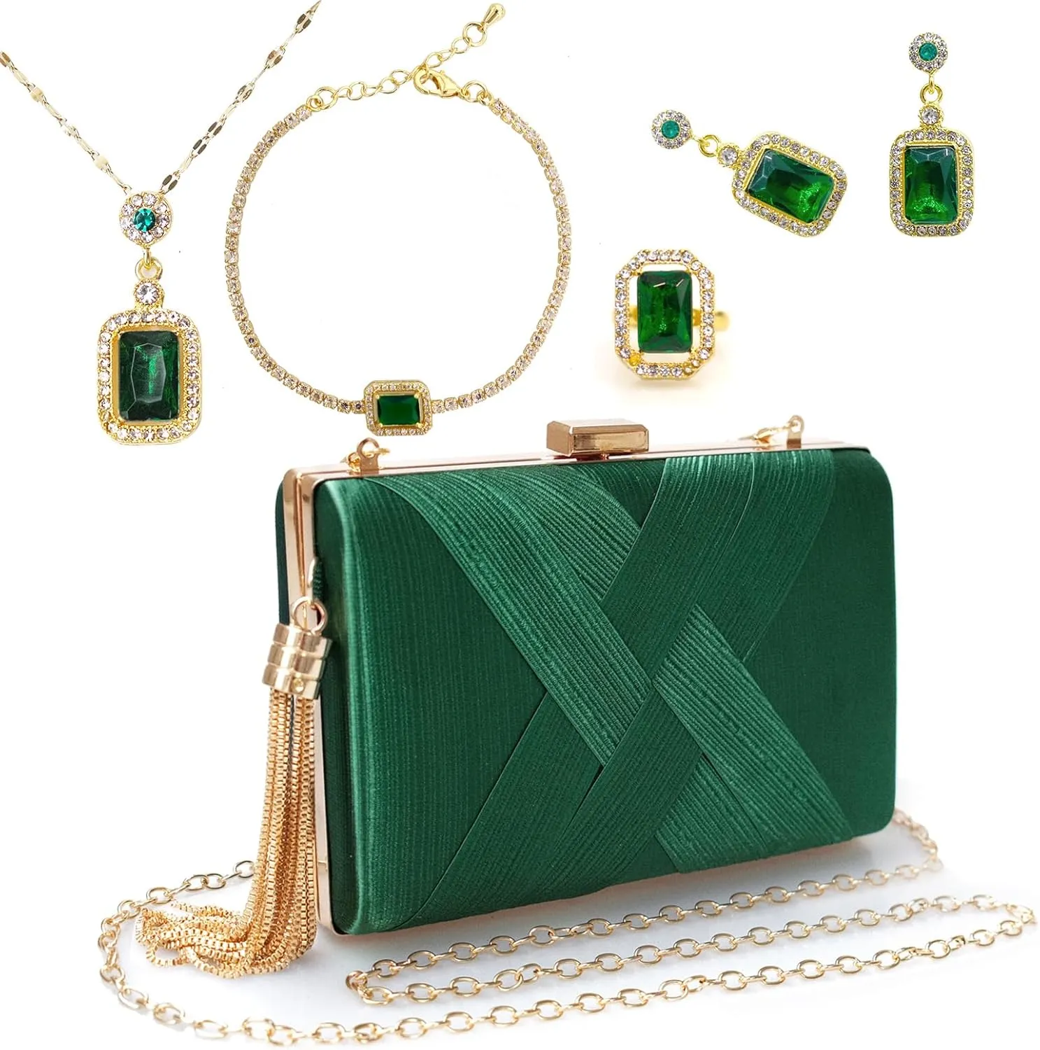 5 Pcs Clutch Purses for Women Jewelry Set Handbag with Necklace Earrings Ring Bracelet Vintage Banquet Handbag with Detachable Chain for Wedding Party Gift Supplies(Green)