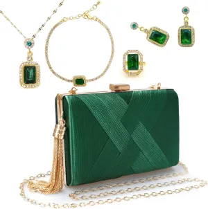 5 Pcs Clutch Purses for Women Jewelry Set Handbag with Necklace Earrings Ring Bracelet Vintage Banquet Handbag with Detachable Chain for Wedding Party Gift Supplies(Green)