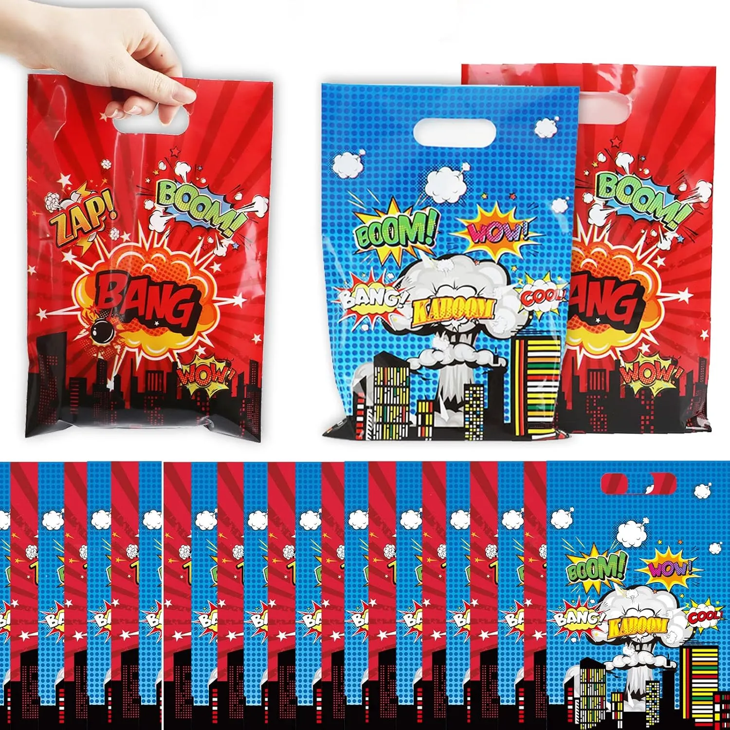 50 PCS Super Theme Hero Party Favor Bags Hero Happy Birthday Goodie Bags Hero Action Sign Candy Treat Bags Durable Plastic Hero Gift Bag for Baby Shower Boys Girls Birthday Party Decorations Supplies