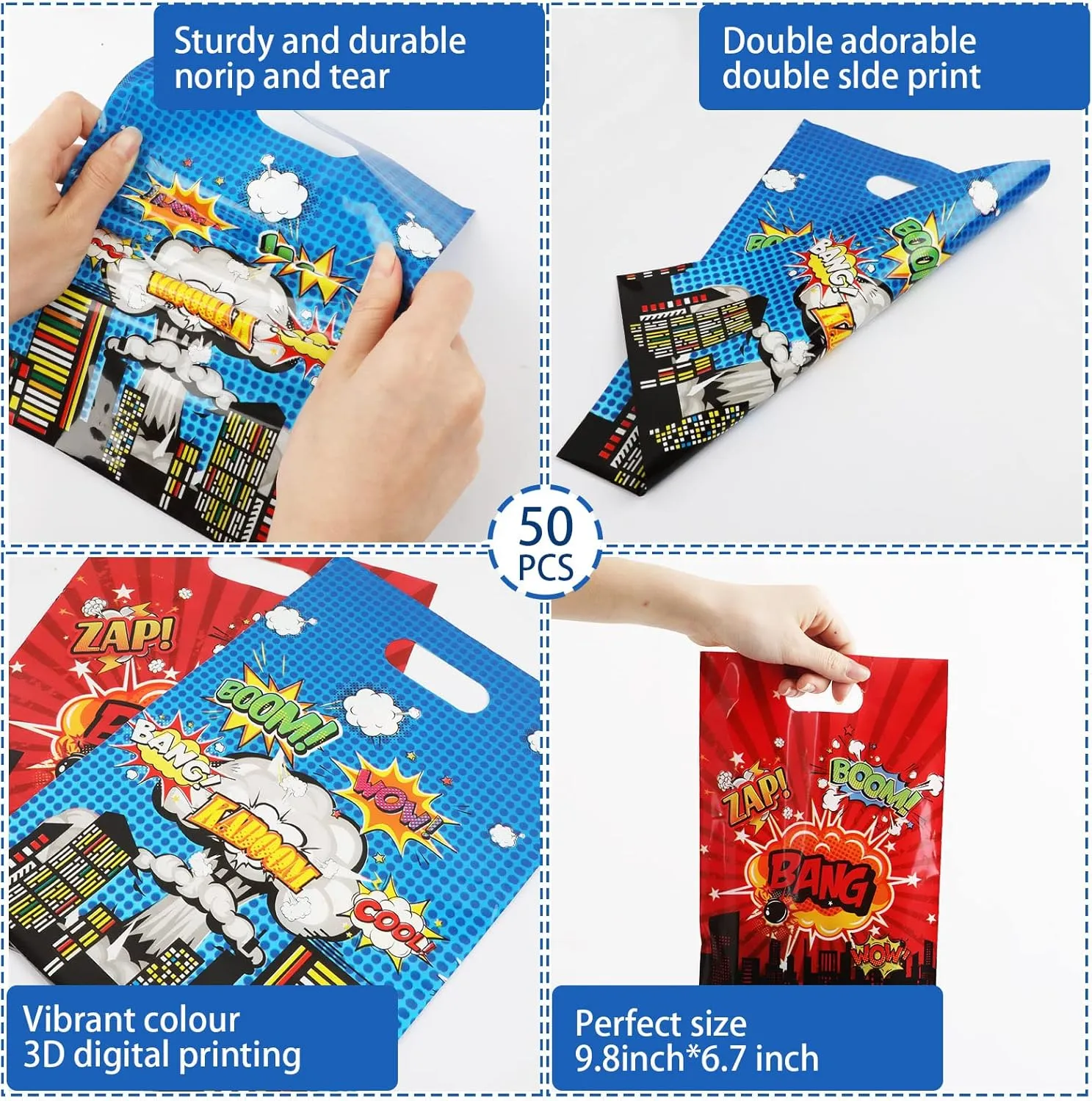 50 PCS Super Theme Hero Party Favor Bags Hero Happy Birthday Goodie Bags Hero Action Sign Candy Treat Bags Durable Plastic Hero Gift Bag for Baby Shower Boys Girls Birthday Party Decorations Supplies
