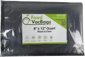50 Quart 8" X 12" FoodVacBags Black Back Clear Front Vacuum Seal Bag Pouch, Pre-cut, Foodsaver Compatible, Perfect for Display