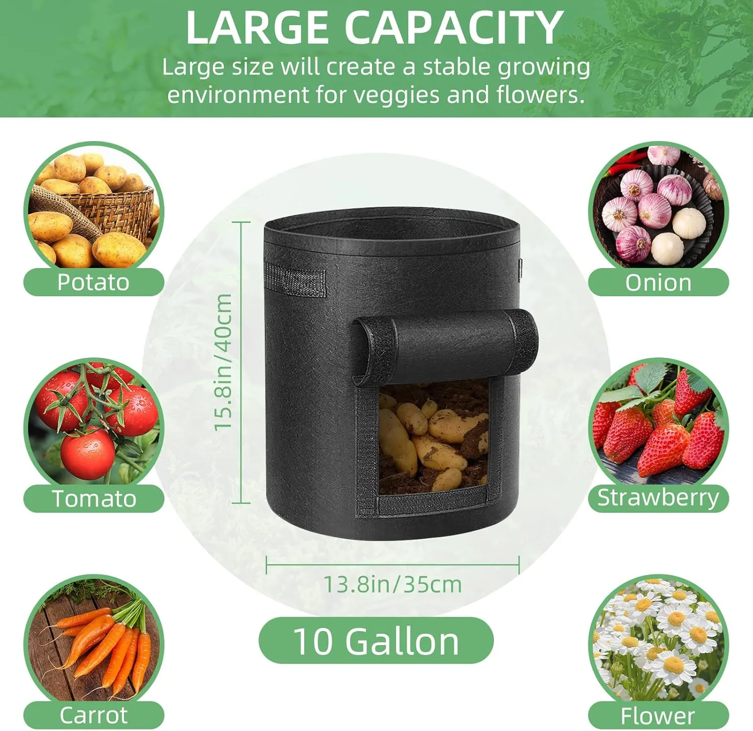 6 Pack 10 Gallon Potato Grow Bags, Heavy Duty Nonwoven Fabric Garden Planting Bag Plant Container with Flap and Handles, Aeration Fabric Pots for Growing Vegetable, Fruits and Flowers