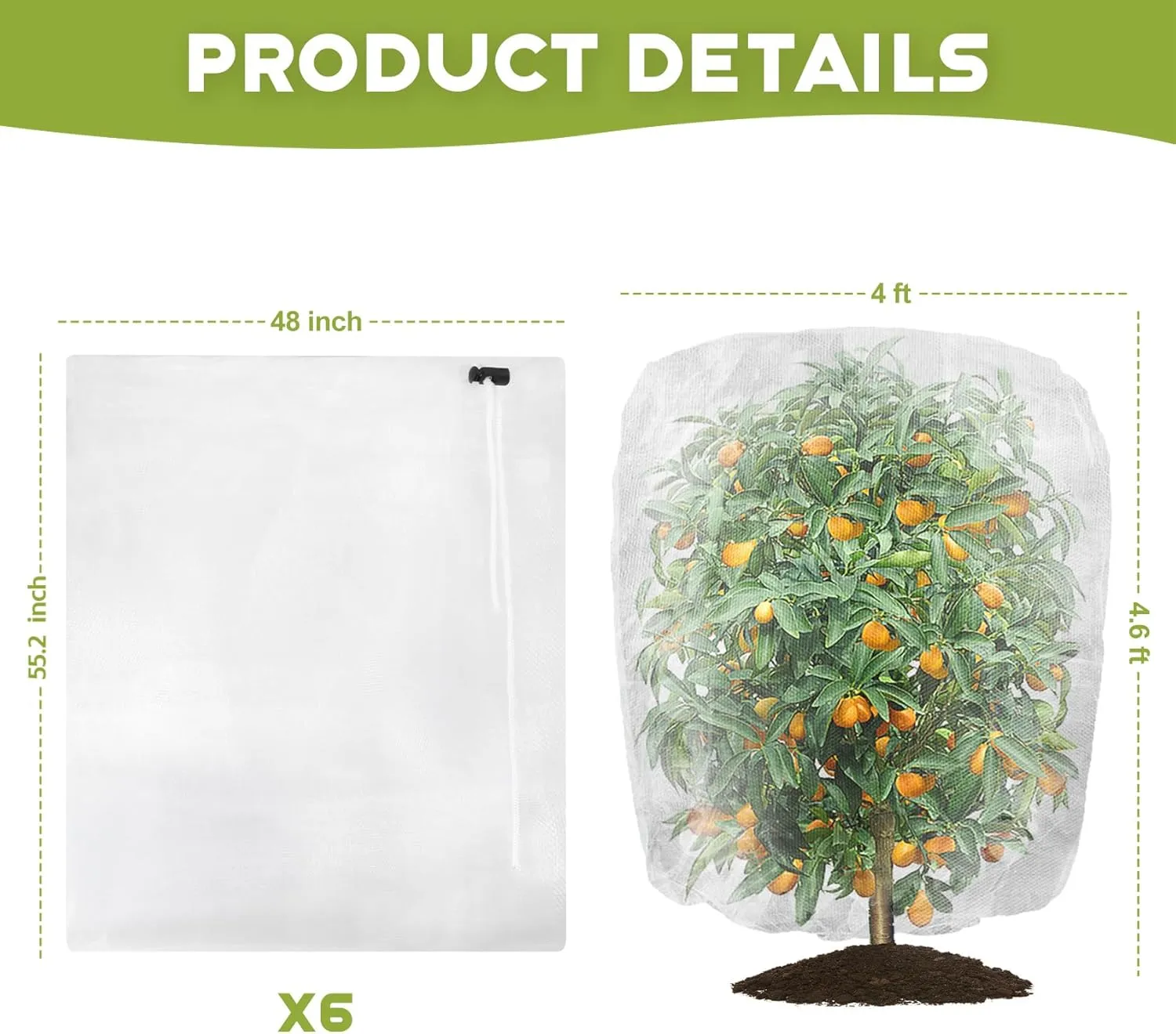6 Pcs Garden Bird Netting, 4.6 x 4 Ft Insect Barrier Garden Mesh with Drawstring, Large Size Fruit Tree Netting Bags Plant Cover Protect Blueberry, Vegetables, Flower from Insect Bugs Bird