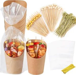 60pcs Individual 14oz Disposable Charcuterie Cups with Sticks,300pcs Cocktail Skewers,60 Portable Bags, Brown Paper Appetizer Cups for French Fry, Party Supplies