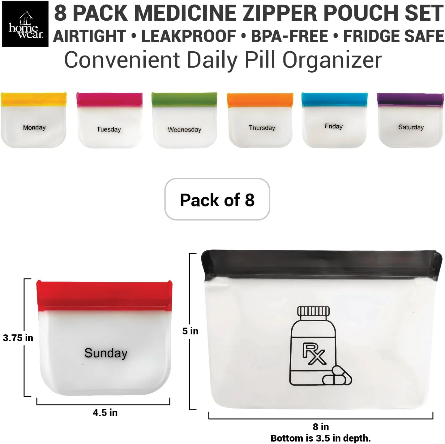 7 Piece Set Zipper Pill Pouch Organizers, Daily Purpose & Travel, Color-Coded Vitamin & Medicine Bags, Air tight Zip, Organize Small Items Bags