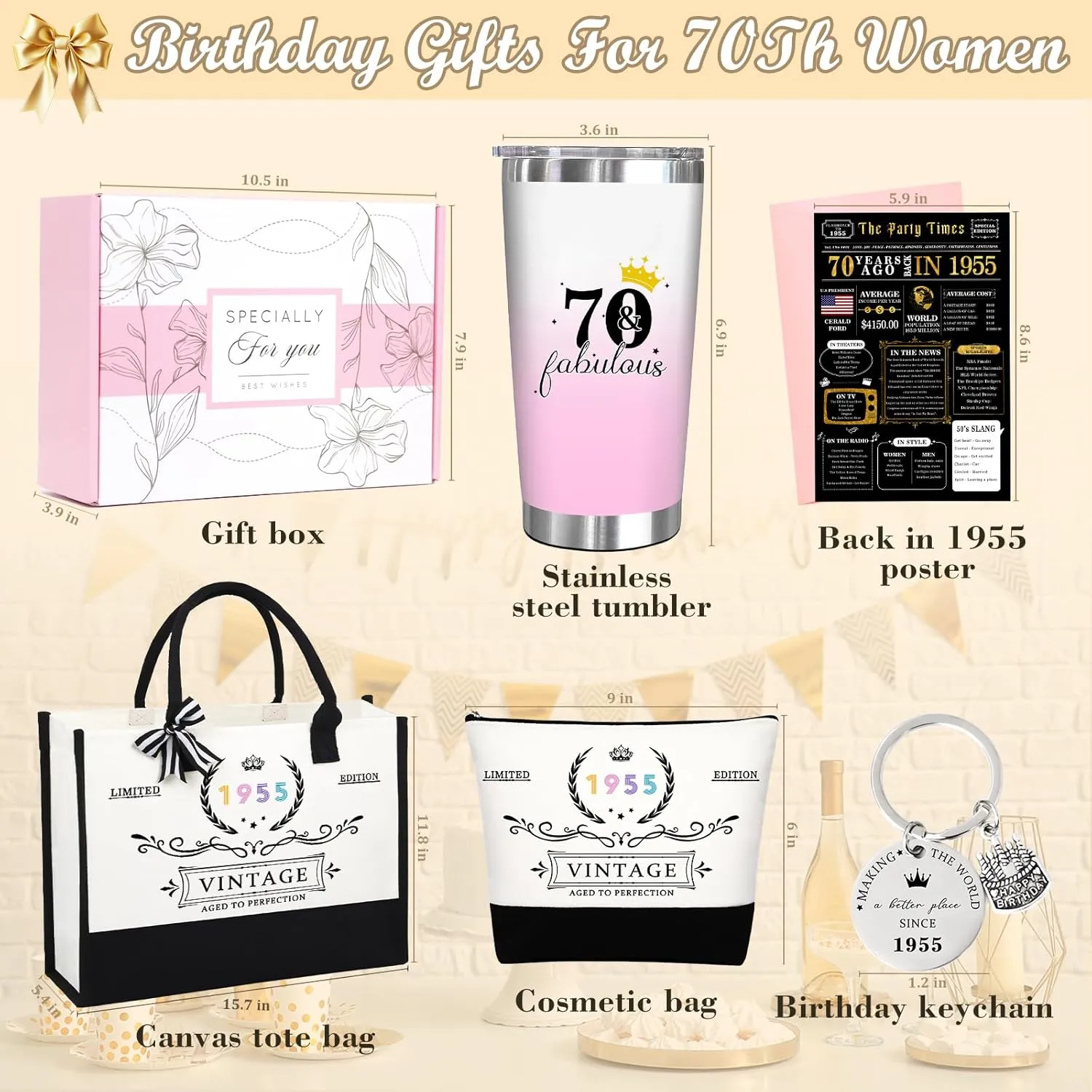 70th 1955 Birthday Gifts for Women, 70 Year Old Birthday Fabulous Gifts for Women, Cool 70th Gift Canvas Tote Bag Set for Woman, Turning 70th Cup Gift Basket for Her Mom Sister Wife