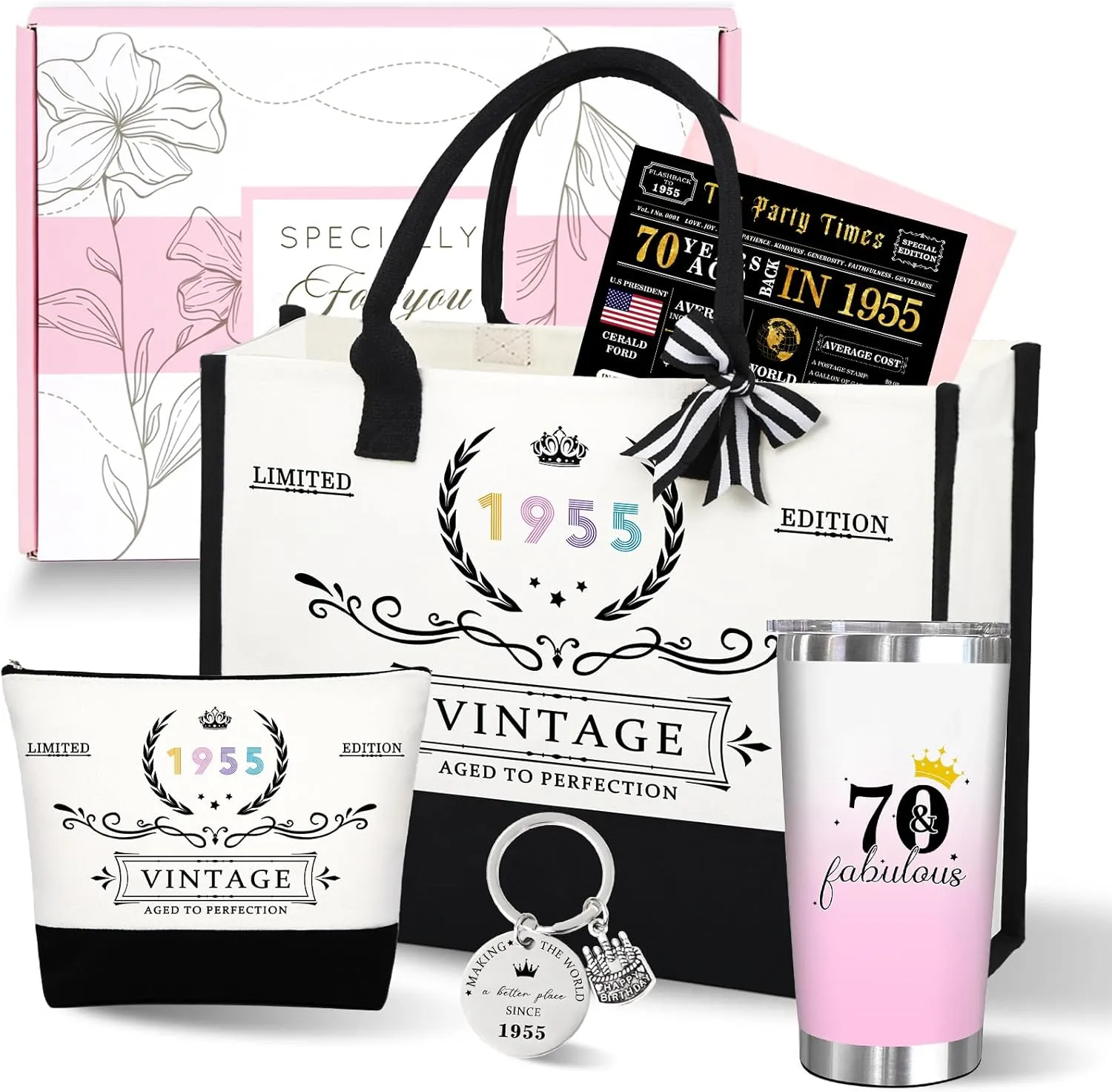 70th 1955 Birthday Gifts for Women, 70 Year Old Birthday Fabulous Gifts for Women, Cool 70th Gift Canvas Tote Bag Set for Woman, Turning 70th Cup Gift Basket for Her Mom Sister Wife