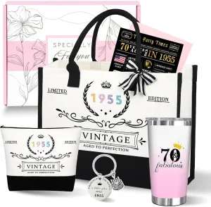 70th 1955 Birthday Gifts for Women, 70 Year Old Birthday Fabulous Gifts for Women, Cool 70th Gift Canvas Tote Bag Set for Woman, Turning 70th Cup Gift Basket for Her Mom Sister Wife