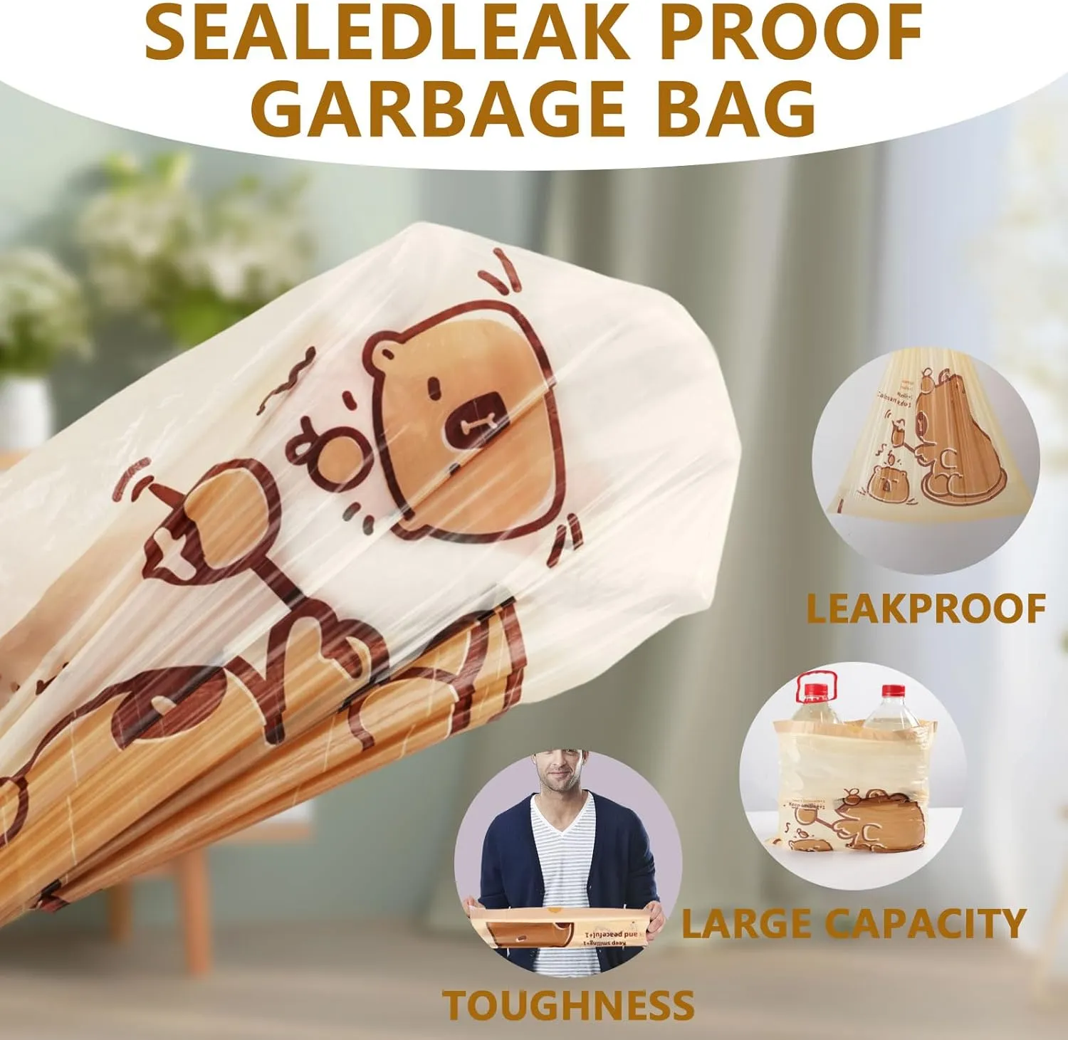 8 Gallon Trash Bags with Capybara Printed, Drawstring Medium Garbage Bags, Tear-Resistant & Leak-Proof Kitchen/Office Trash Can Liners, Trash Bags 8 Gallon with Secure Tie, 100 Counts
