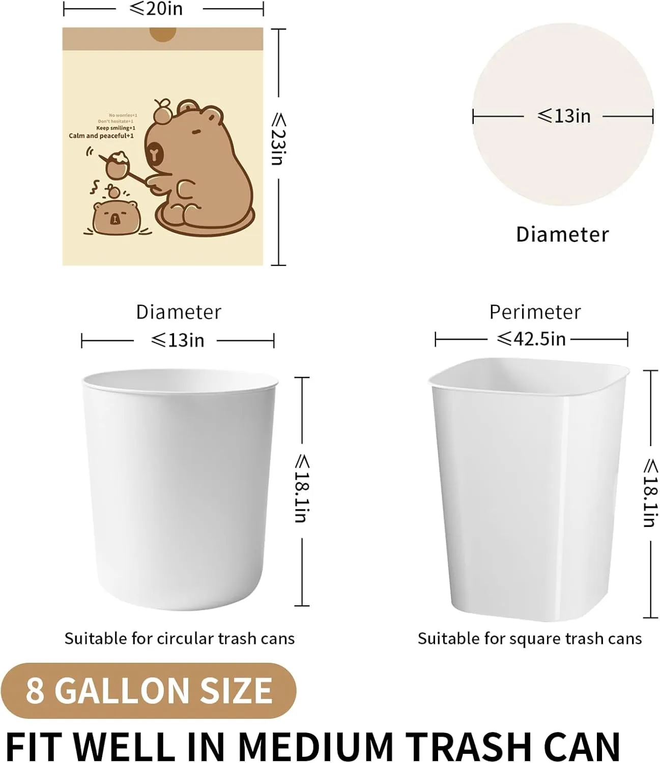 8 Gallon Trash Bags with Capybara Printed, Drawstring Medium Garbage Bags, Tear-Resistant & Leak-Proof Kitchen/Office Trash Can Liners, Trash Bags 8 Gallon with Secure Tie, 100 Counts