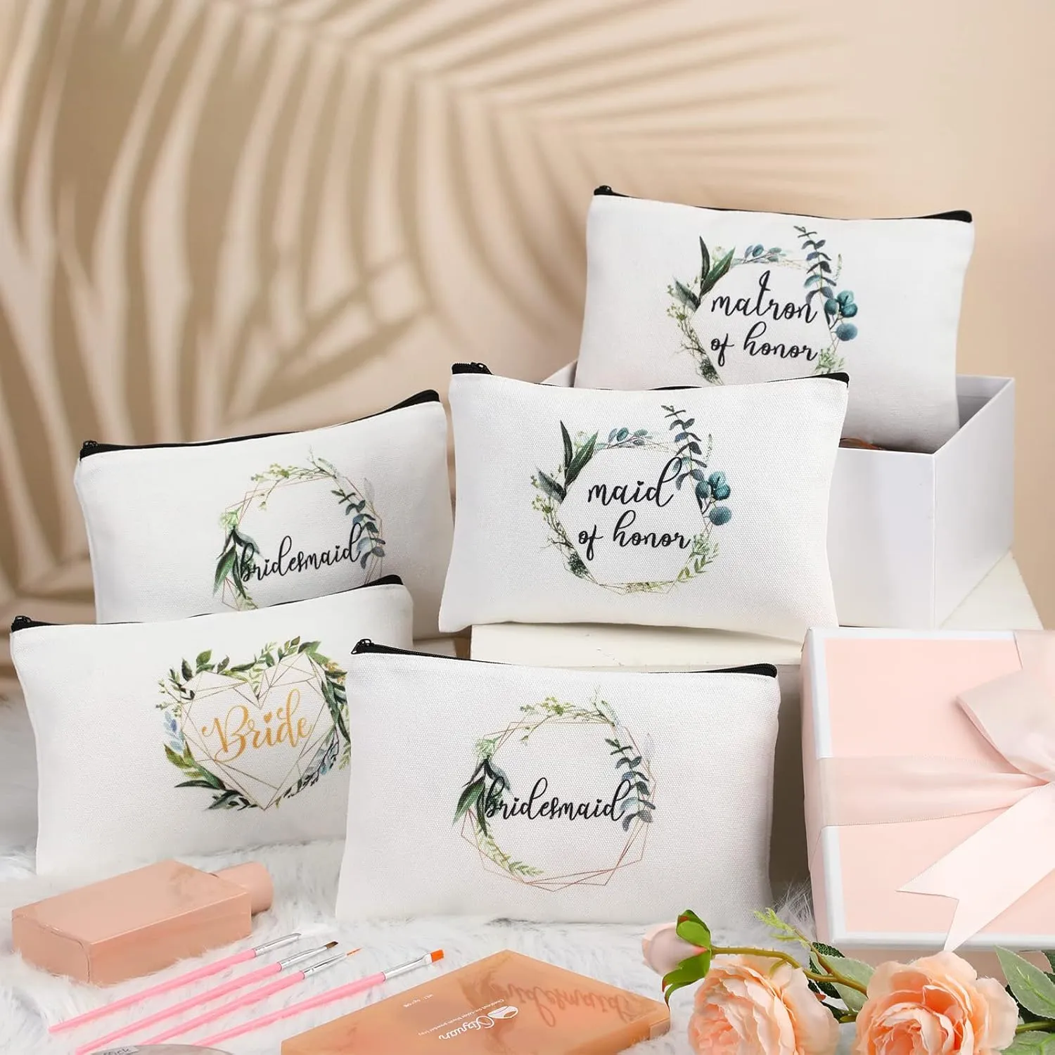 8 Pcs Bridesmaid Makeup Bag Matron of Honor Gifts Bridal Bag for Bridal Wedding Party Gift(Leaves Pattern)