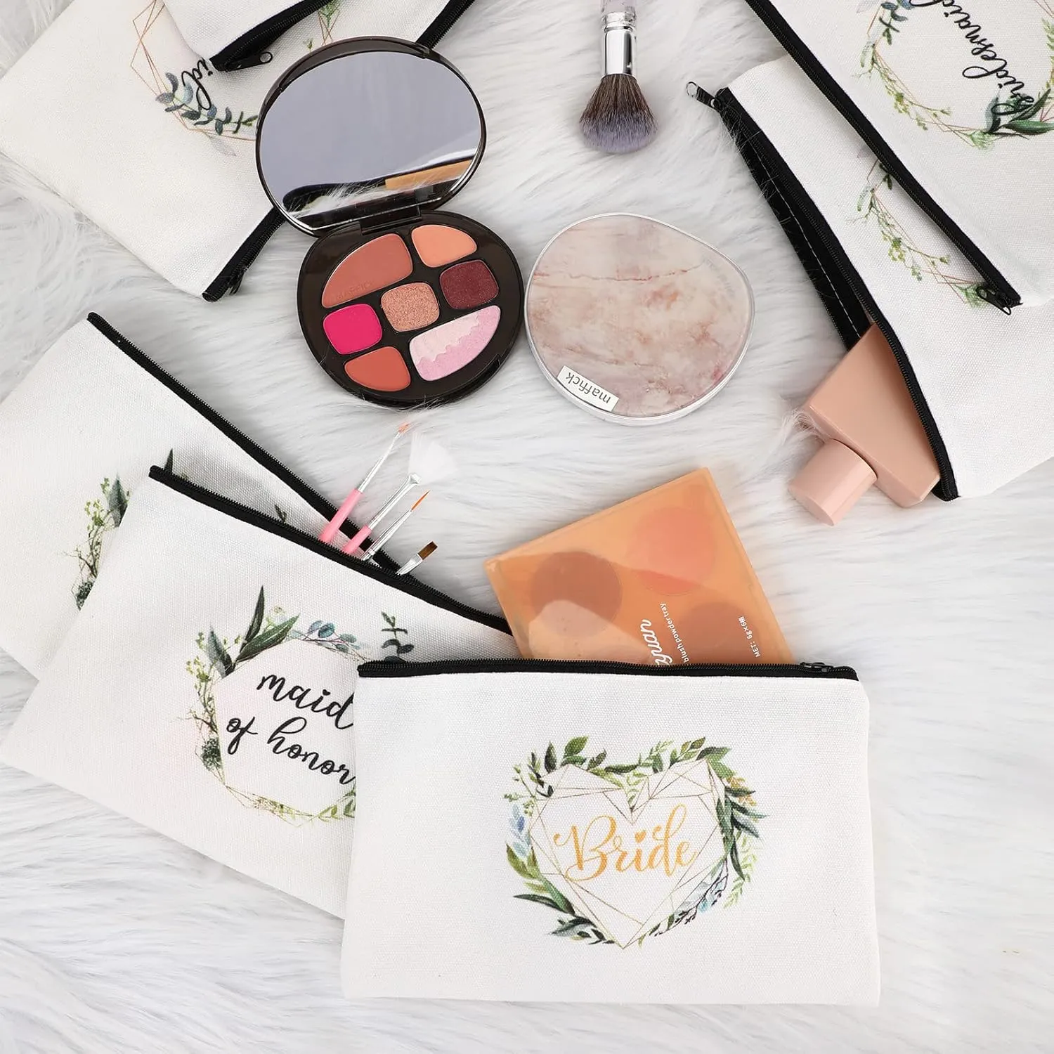 8 Pcs Bridesmaid Makeup Bag Matron of Honor Gifts Bridal Bag for Bridal Wedding Party Gift(Leaves Pattern)