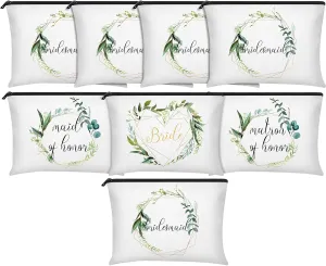 8 Pcs Bridesmaid Makeup Bag Matron of Honor Gifts Bridal Bag for Bridal Wedding Party Gift(Leaves Pattern)