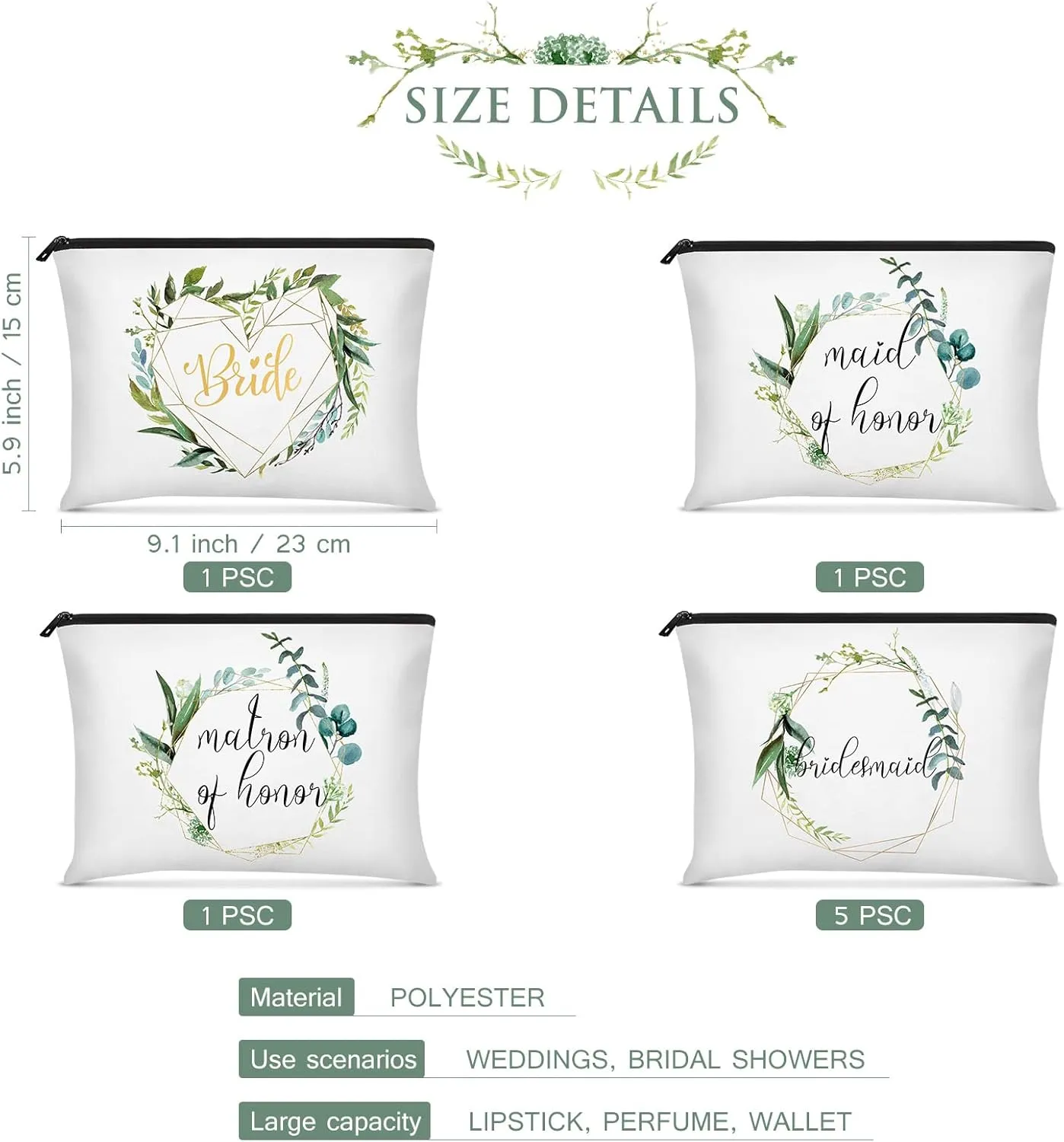 8 Pcs Bridesmaid Makeup Bag Matron of Honor Gifts Bridal Bag for Bridal Wedding Party Gift(Leaves Pattern)