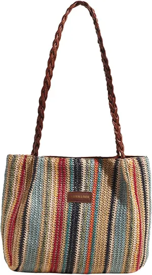 acdiac Rainbow Straw Shoulder Bag For Women Large Capacity Striped Woven Beach Tote Bag Summer Travel Holiday Knitted bag