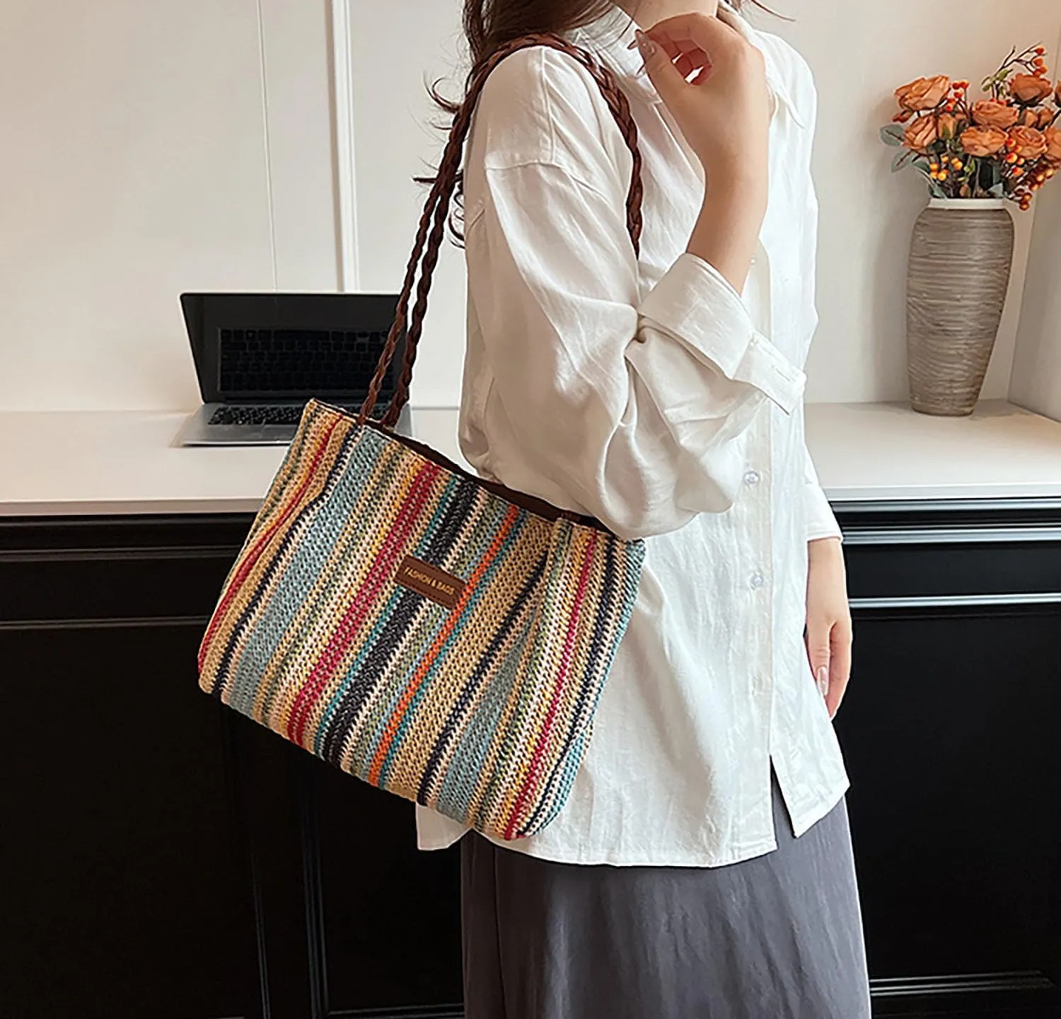 acdiac Rainbow Straw Shoulder Bag For Women Large Capacity Striped Woven Beach Tote Bag Summer Travel Holiday Knitted bag