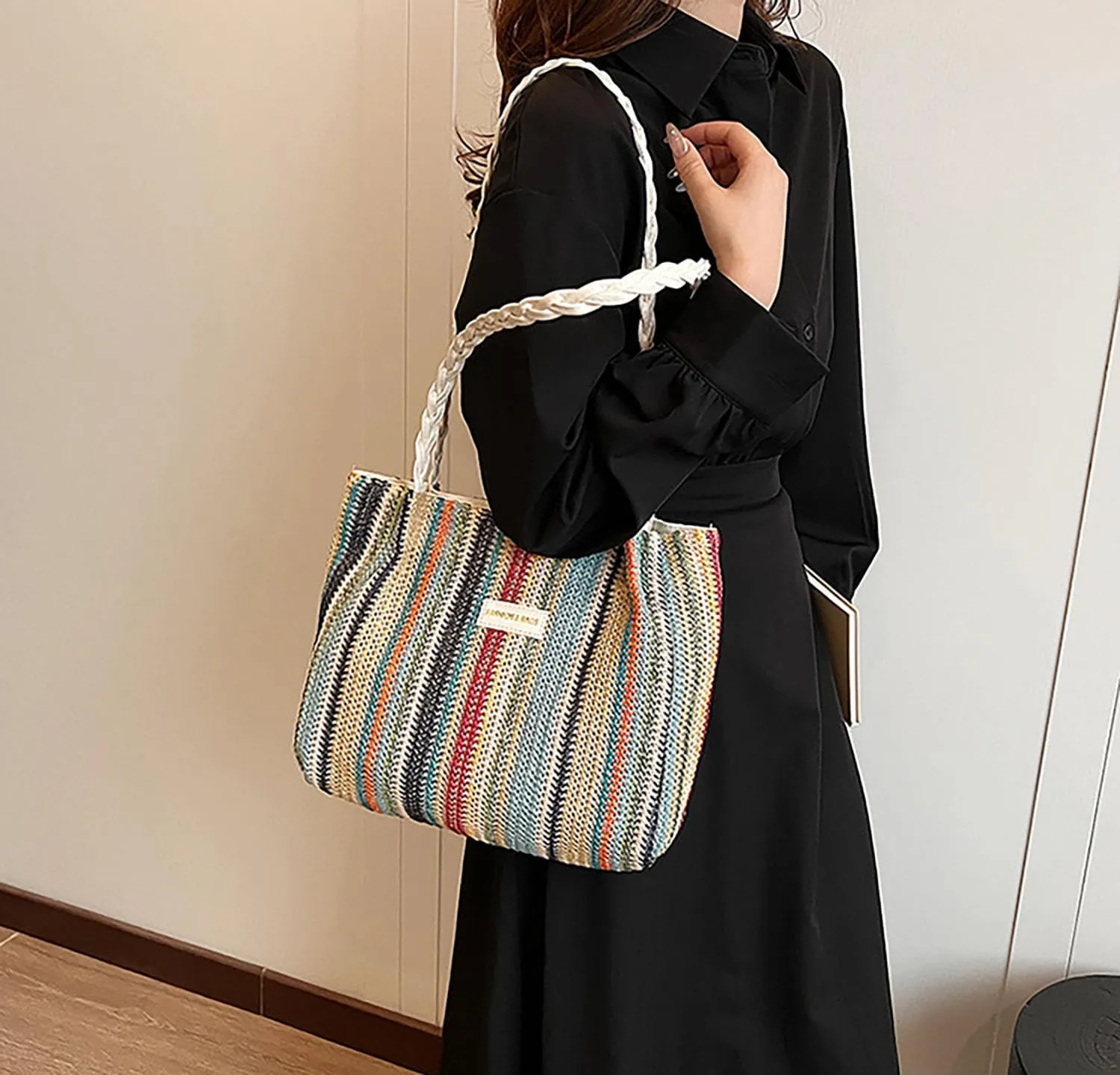 acdiac Rainbow Straw Shoulder Bag For Women Large Capacity Striped Woven Beach Tote Bag Summer Travel Holiday Knitted bag