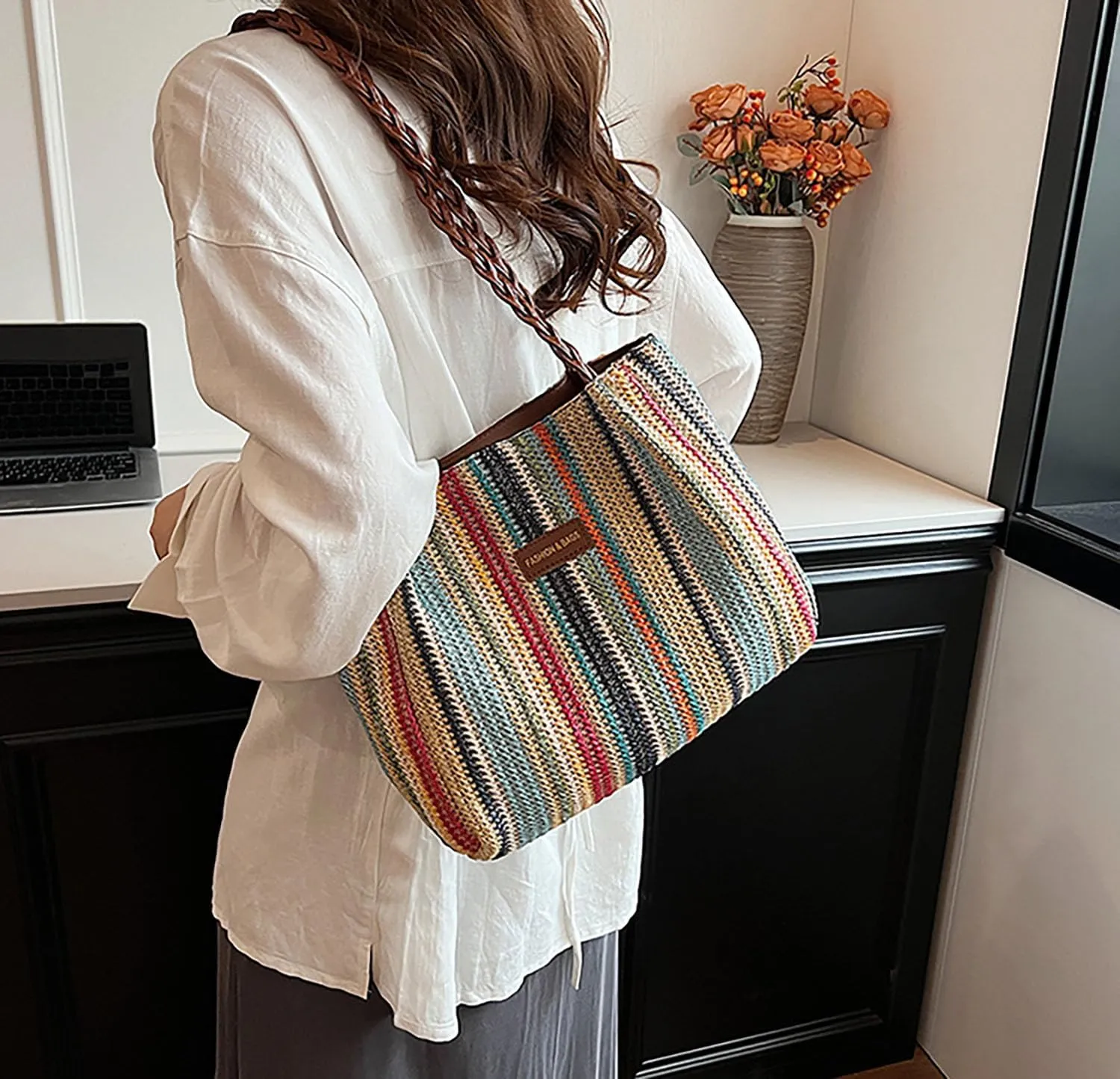 acdiac Rainbow Straw Shoulder Bag For Women Large Capacity Striped Woven Beach Tote Bag Summer Travel Holiday Knitted bag