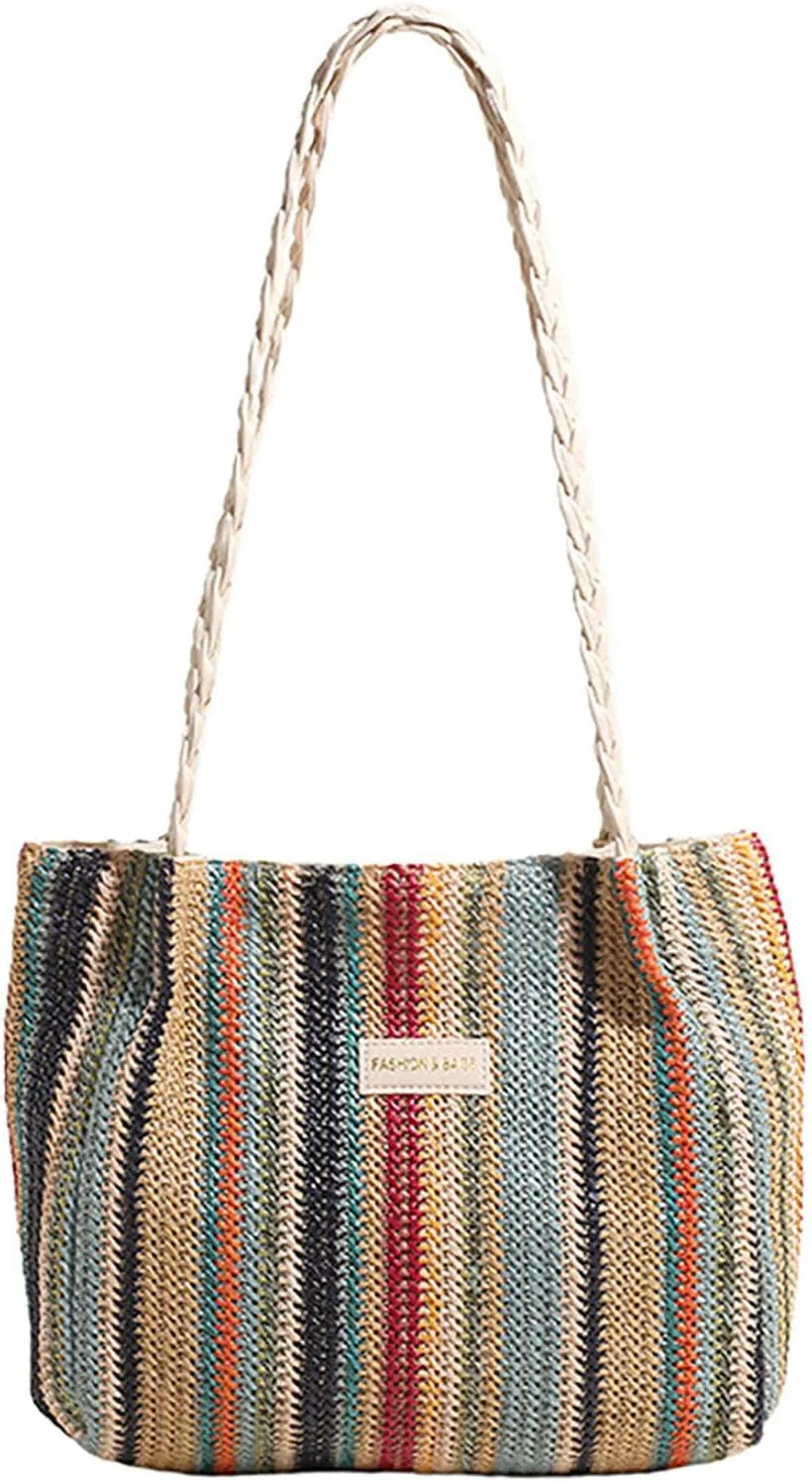 acdiac Rainbow Straw Shoulder Bag For Women Large Capacity Striped Woven Beach Tote Bag Summer Travel Holiday Knitted bag