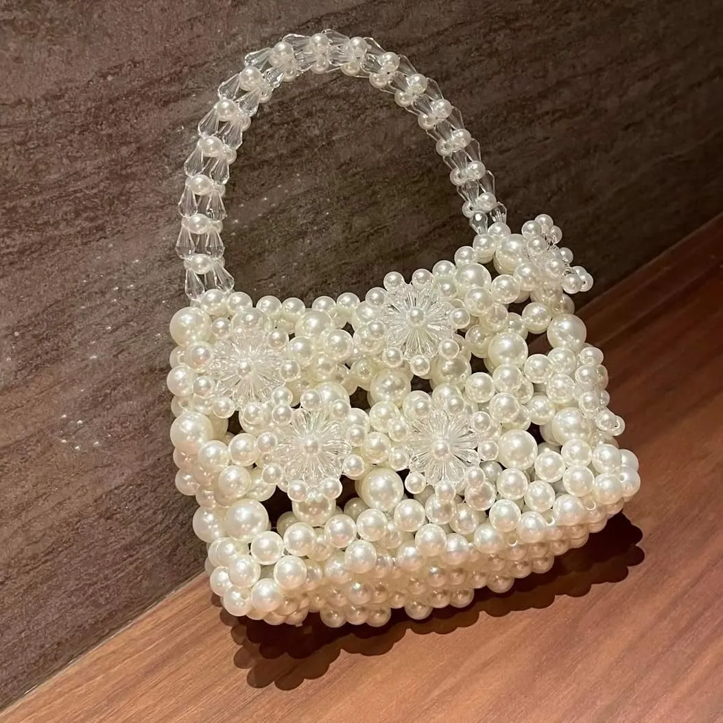Acrylic Pearl Beaded Handbag Floral Evening Clutch Bag for Wedding Party