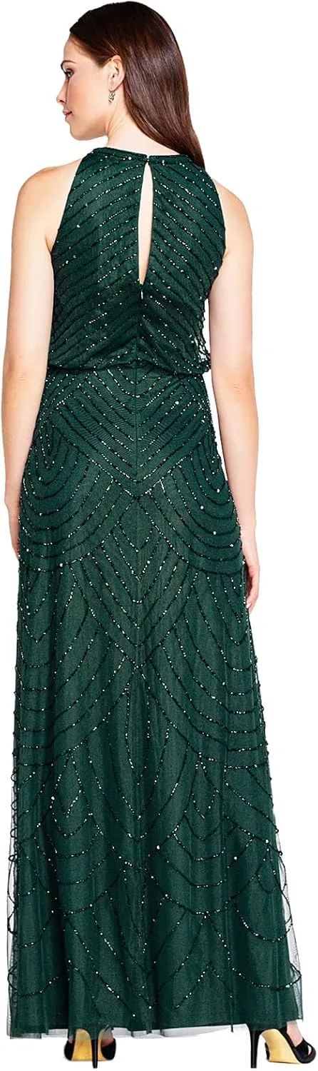 Adrianna Papell Women's Halter Art Deco Beaded Blouson Dress