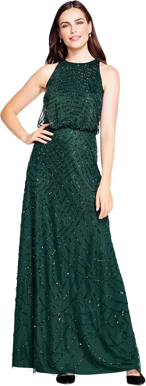 Adrianna Papell Women's Halter Art Deco Beaded Blouson Dress