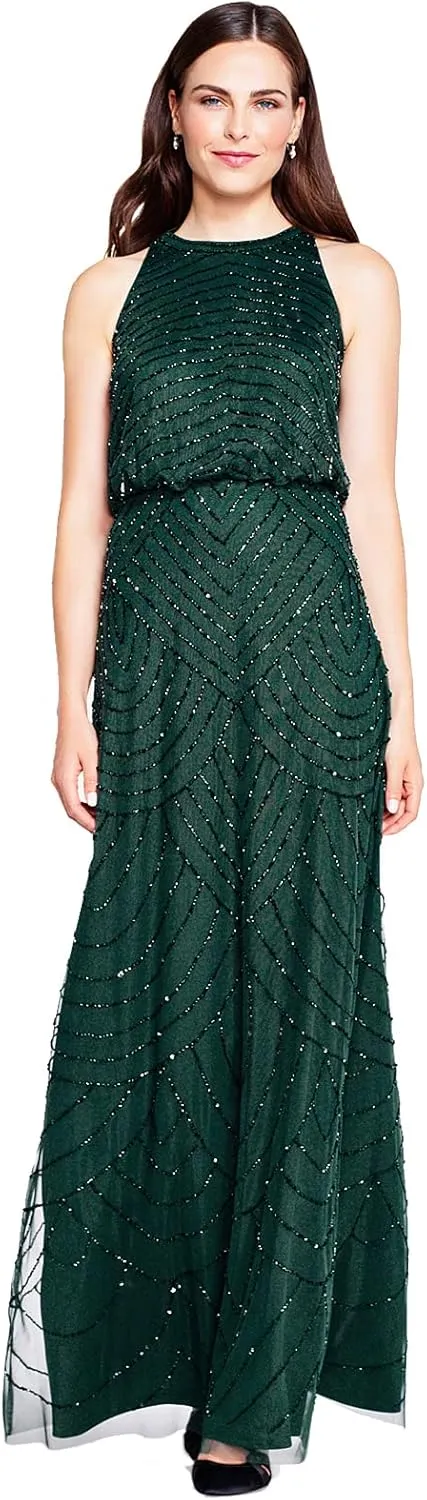 Adrianna Papell Women's Halter Art Deco Beaded Blouson Dress