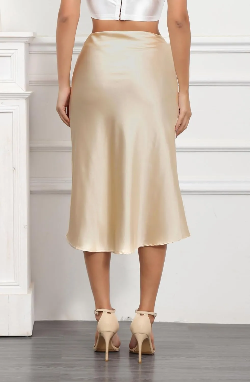 ALCEA ROSEA Women High Waist Silky Satin Midi Skirt Elastic Waist A Line Skirt with Slit