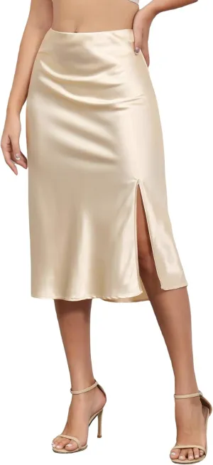 ALCEA ROSEA Women High Waist Silky Satin Midi Skirt Elastic Waist A Line Skirt with Slit