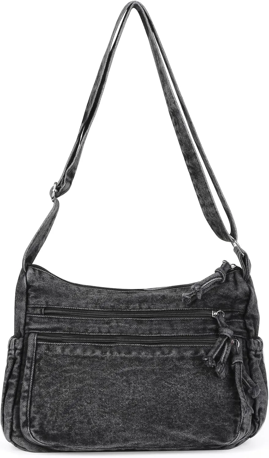 ALUSBELL Large Denim Tote Bag for Women Lightweight Denim Purses Jean Shoulder Bag Retro Crossbody Handbags