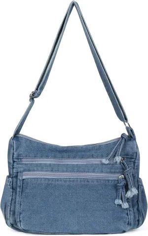 ALUSBELL Large Denim Tote Bag for Women Lightweight Denim Purses Jean Shoulder Bag Retro Crossbody Handbags