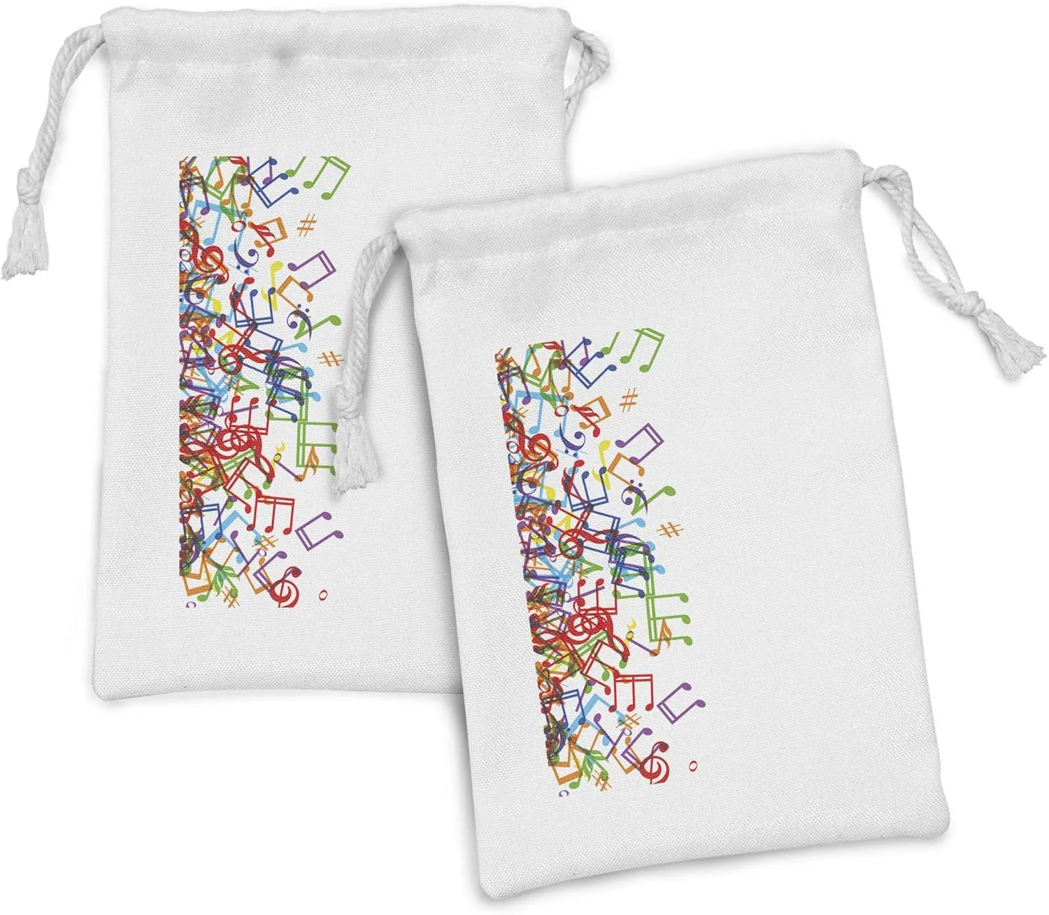 Ambesonne Colorful Fabric Pouch Set of 2, Trippy Art Style Music Notes Clef Rhythm Tempo Melody Harmony Print, Small Drawstring Bag for Toiletries Masks and Favors, 9" x 6", Multicolor White