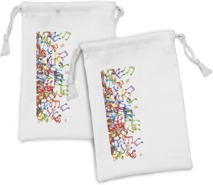 Ambesonne Colorful Fabric Pouch Set of 2, Trippy Art Style Music Notes Clef Rhythm Tempo Melody Harmony Print, Small Drawstring Bag for Toiletries Masks and Favors, 9" x 6", Multicolor White