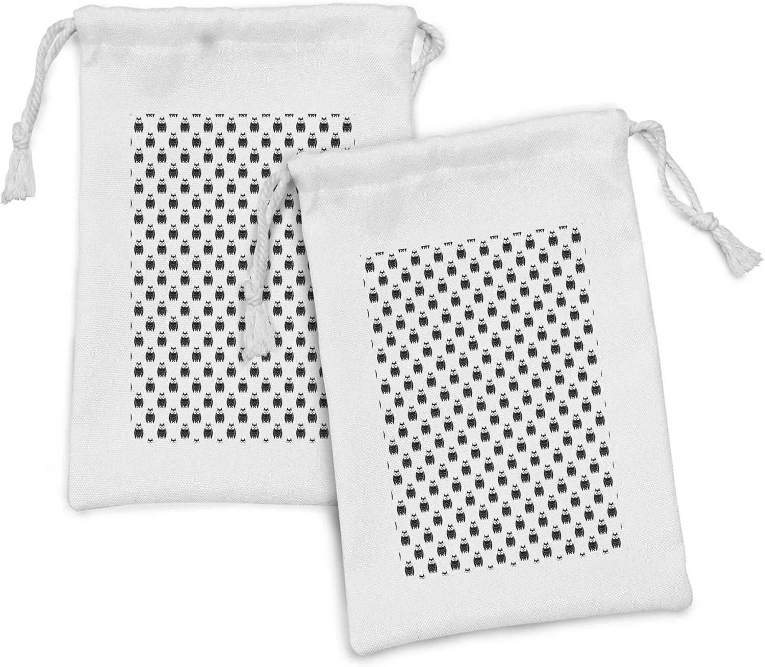 Ambesonne Owl Print Fabric Pouch Set of 2, Repeating in Cartoon Style Illustrated onto a Plain Background, Small Drawstring Bag for Toiletries Masks and Favors, 9" x 6", Charcoal Grey and White