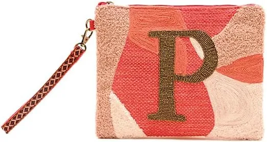 America & Beyond Beaded Monogram Pouch – Handmade Tufted Embroidery Organizer, Zip Clutch for Makeup, Travel, Essentials (P)