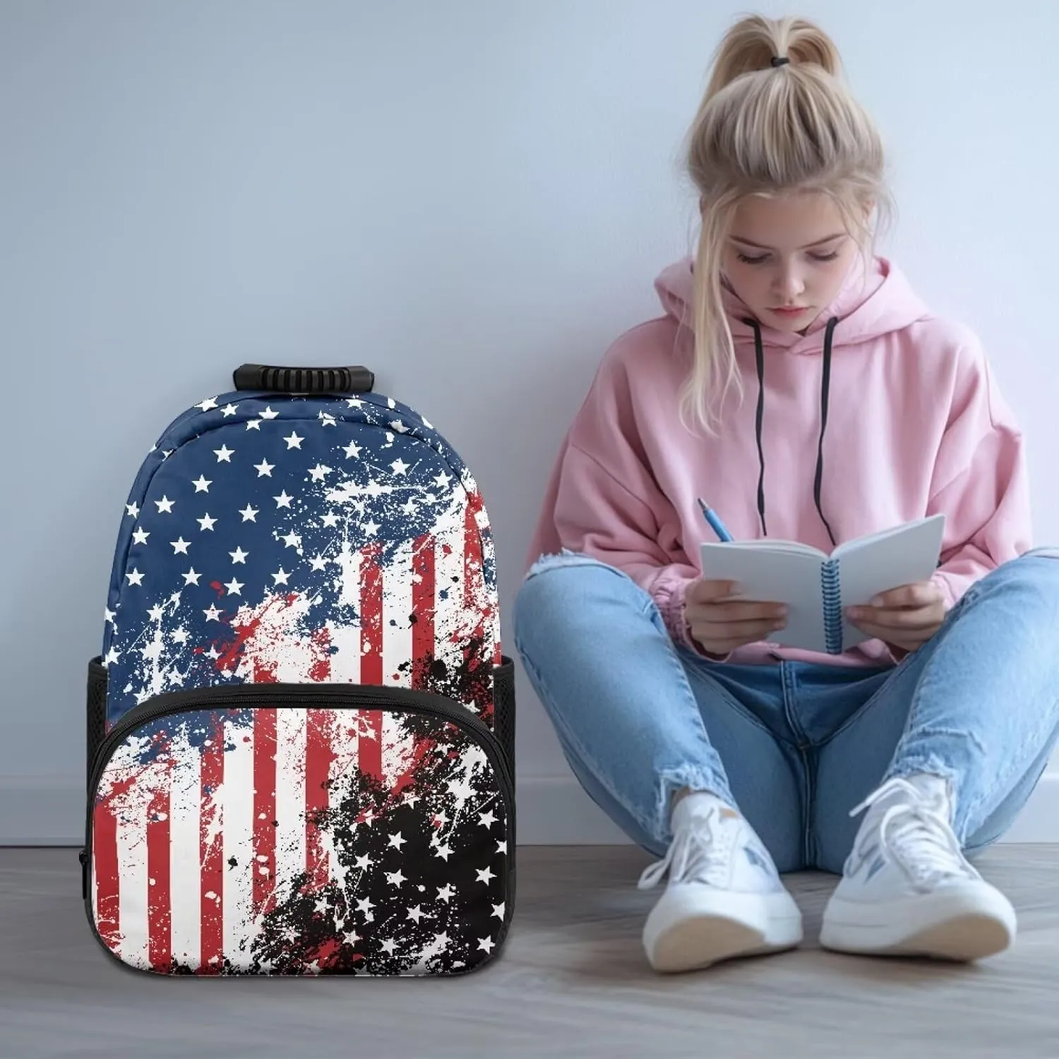 American Flag Travel Luggage Backpack Ergonomic Shoulder Straps Bookbags Plain School Travelbackpack Supplies for Teens Girls Boys University