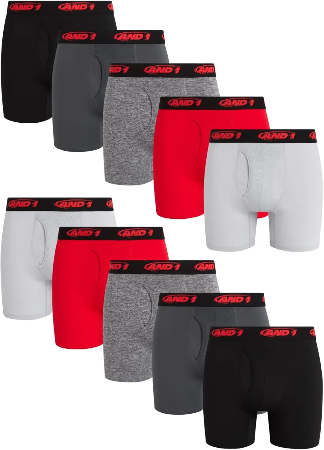 AND1 Mens Boxer Briefs - 10 Pack Stretch Performance Mens Underwear Boxers with Functional Fly Pouch (Sizes: S-3XL)