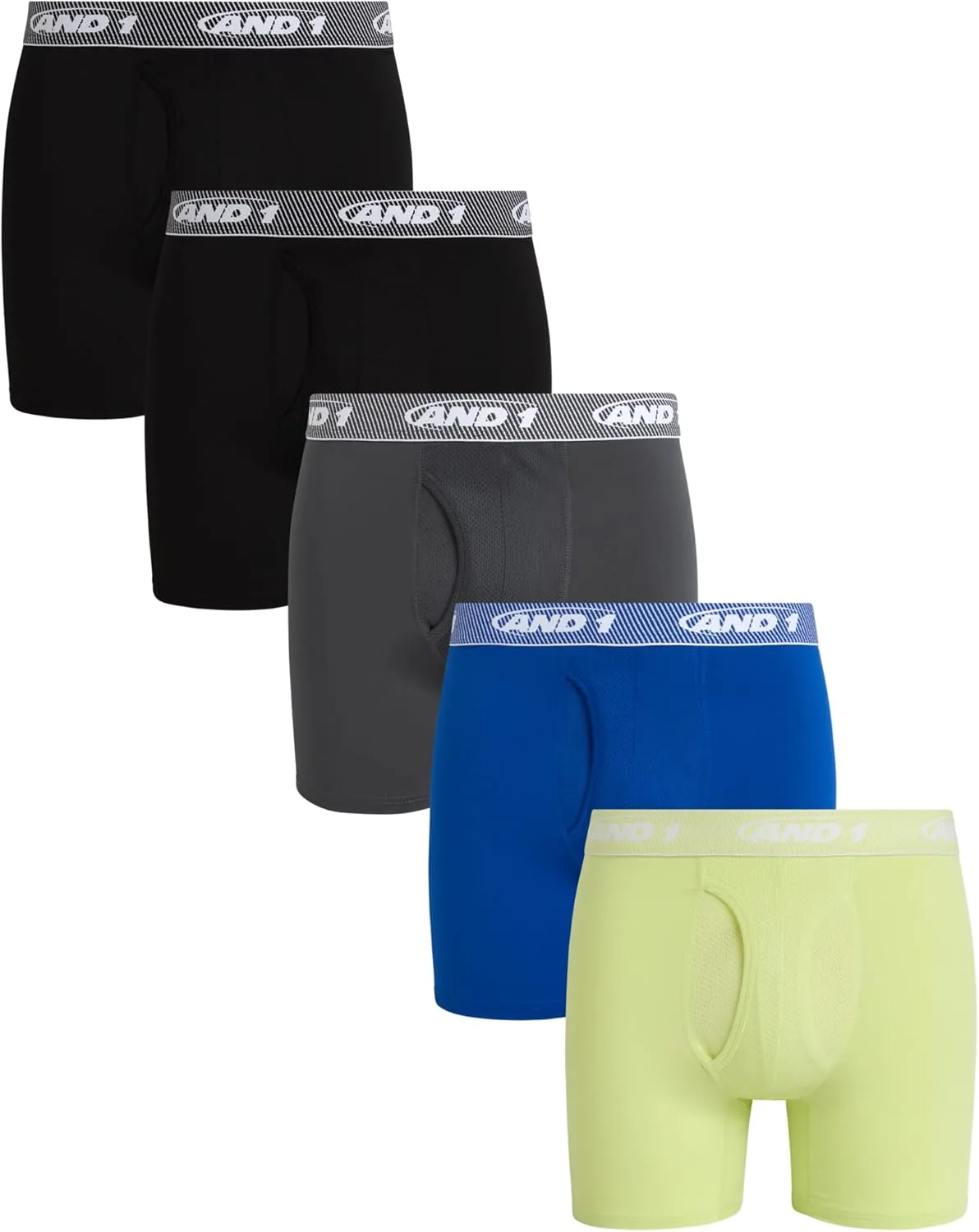 AND1 Mens Boxer Briefs - 5 Pack Stretch Performance Mens Underwear Boxers with Functional Fly Pouch (Sizes: S-3XL)