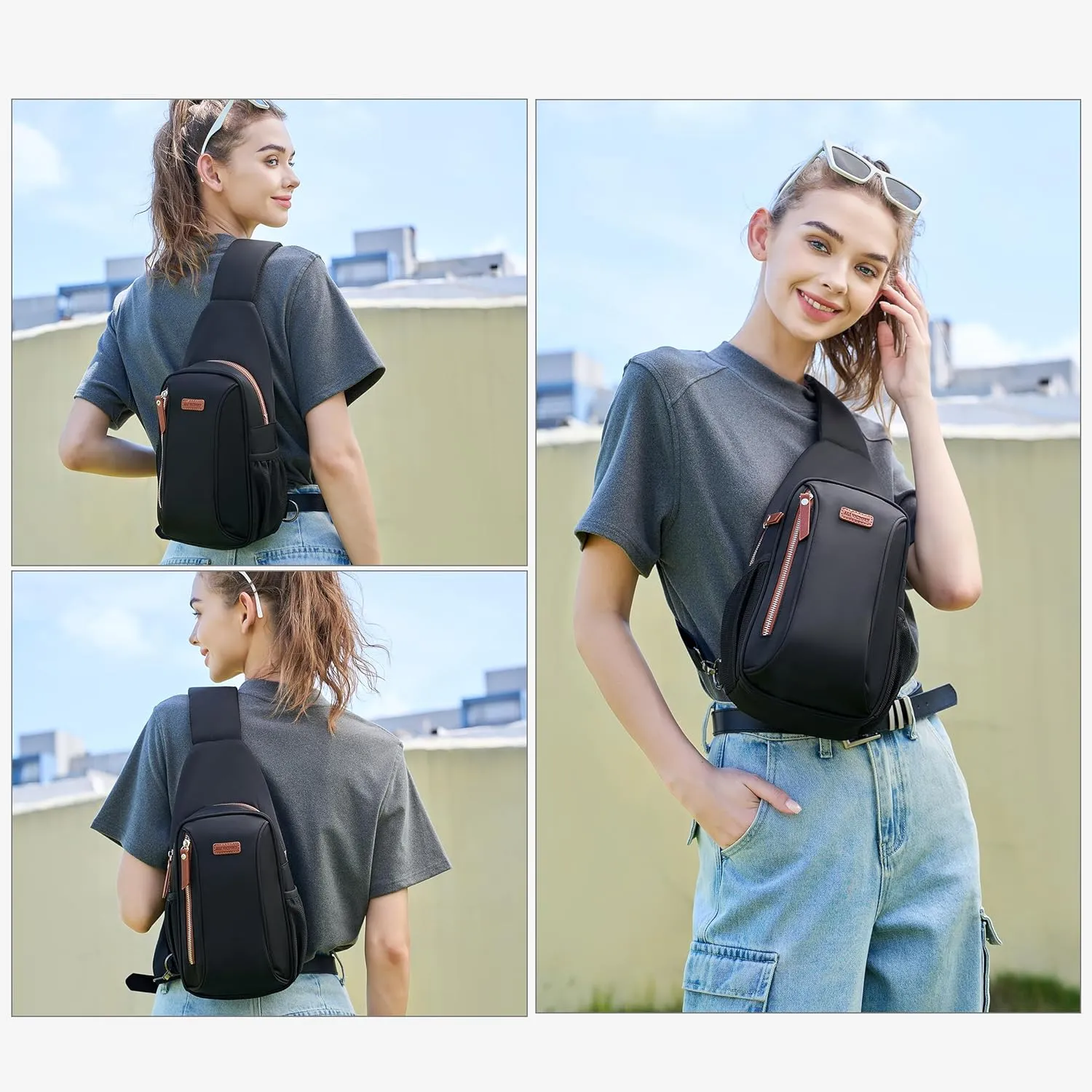 AO ALI VICTORY Crossbody Bags for Women Waterproof Nylon Cross Body Travel Shoulder Handbags Anti Theft Lady Chest Purse Casual Fanny Pack Light Sling Backpack for Work Sport Running Hiking Off Black
