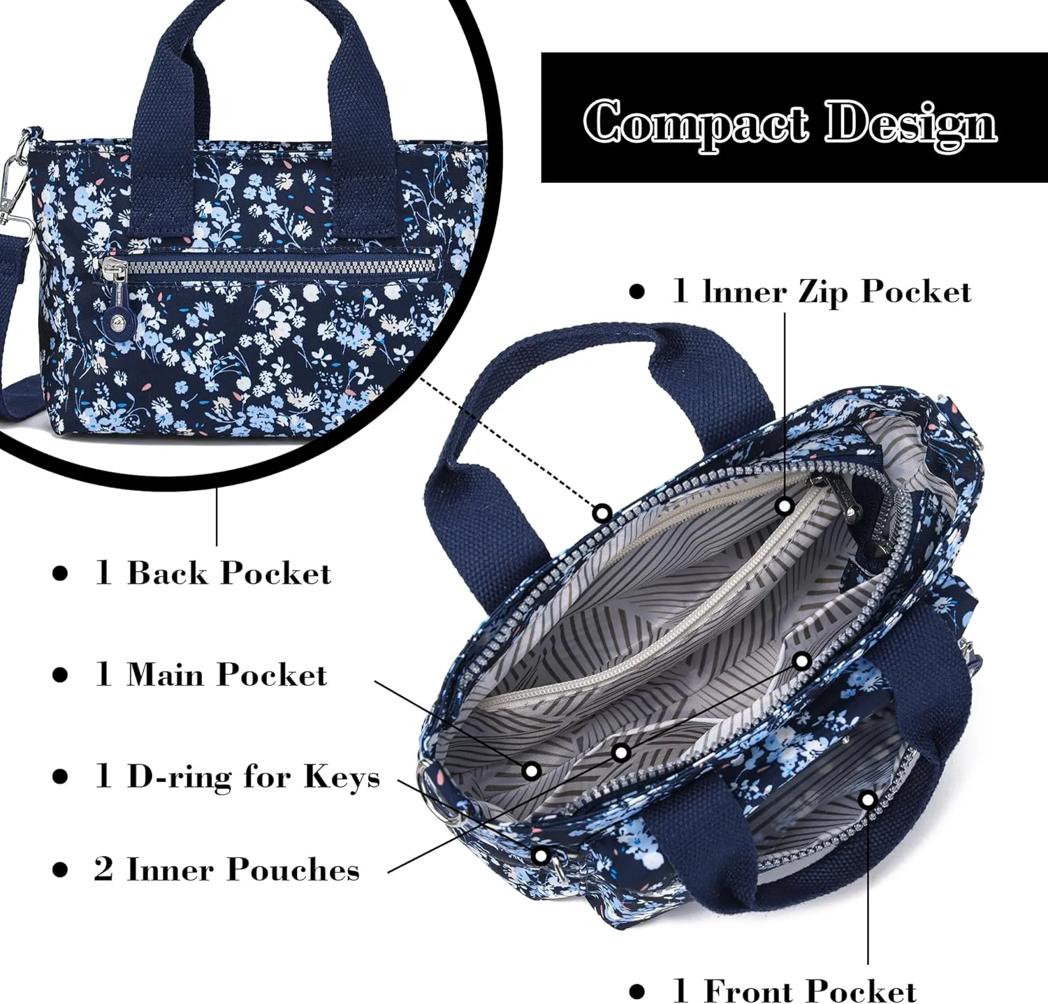 AOCINA Mini Tote Bag with Multi Pockets Small Crossbody Bags for Women Nylon Printed Shoulder Bag