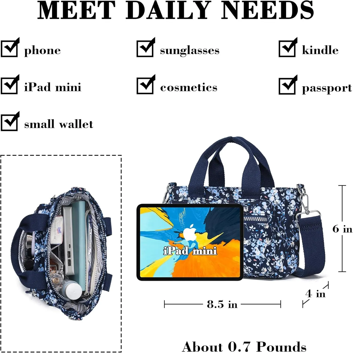 AOCINA Mini Tote Bag with Multi Pockets Small Crossbody Bags for Women Nylon Printed Shoulder Bag