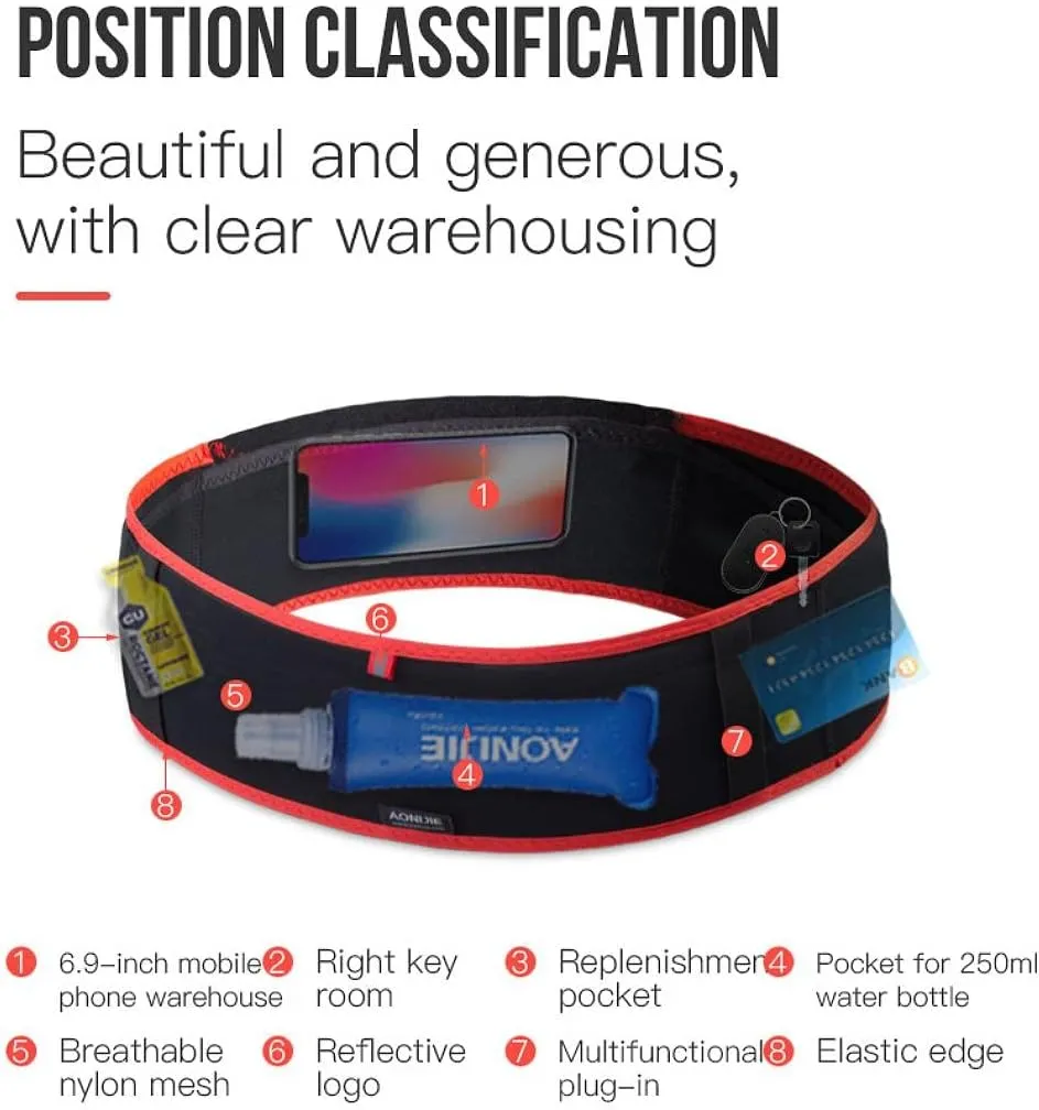 AONIJIE Running Belt Fanny Pack with 250ml Soft Water Bottle Flask for Women Men, Moisture Wicking Waist Pack Great for Marathon Climbing Jogging Cycling, for 6.8in Mobile Phone (Black Blue: M/L)