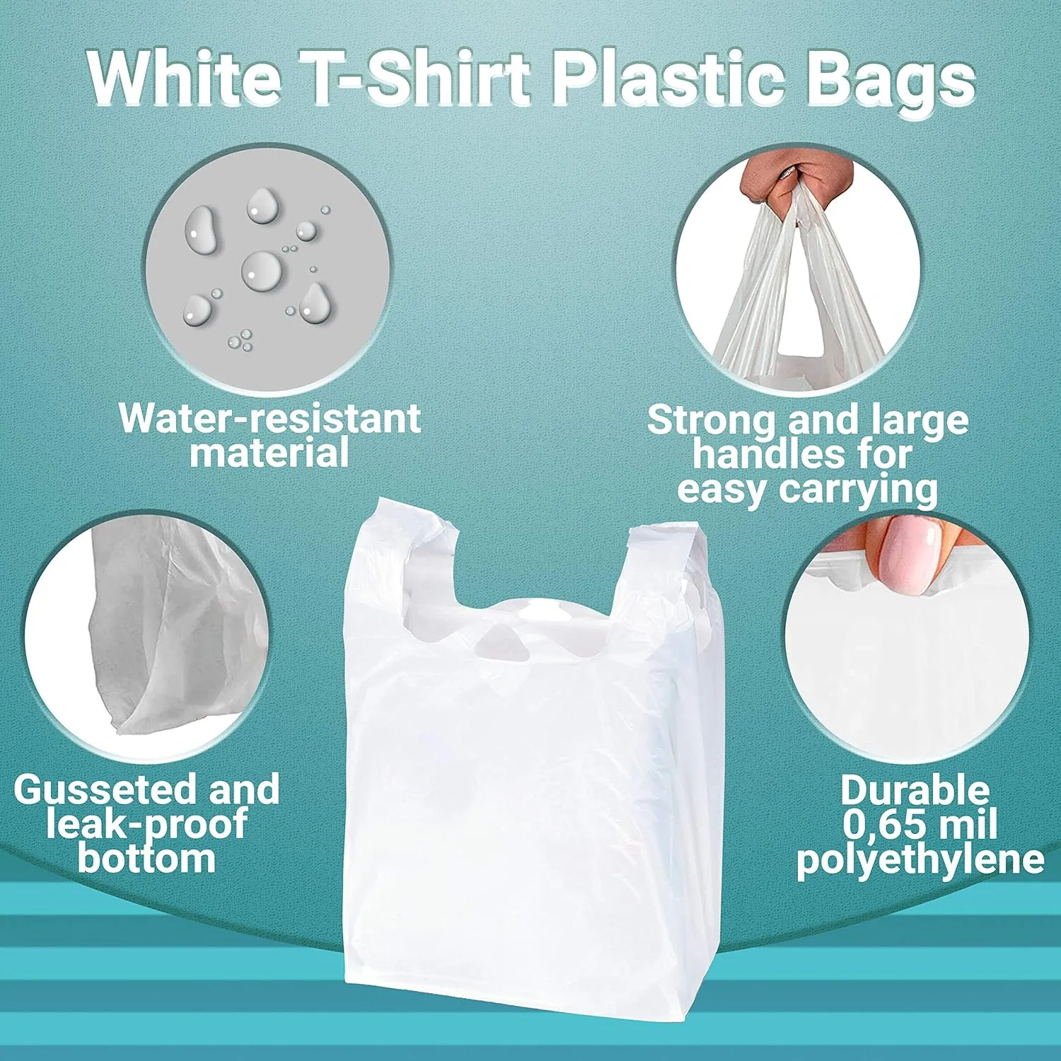 APQ Pack of 2000 White T-Shirt Plastic Bags 6 x 3 x 12. Plain T-Shirt Carry-Out Bags 6x3x12. Thickness 0.65 mil. Unprinted Shopping Grocery Bags. Handled Polyethylene Bags for Stores or Restaurants.