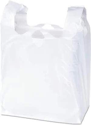 APQ Pack of 2000 White T-Shirt Plastic Bags 6 x 3 x 12. Plain T-Shirt Carry-Out Bags 6x3x12. Thickness 0.65 mil. Unprinted Shopping Grocery Bags. Handled Polyethylene Bags for Stores or Restaurants.